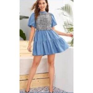 ZARA Chambray Mini Dress Tweed A-Line Smocked Neck Puff Sleeve School Girl-S